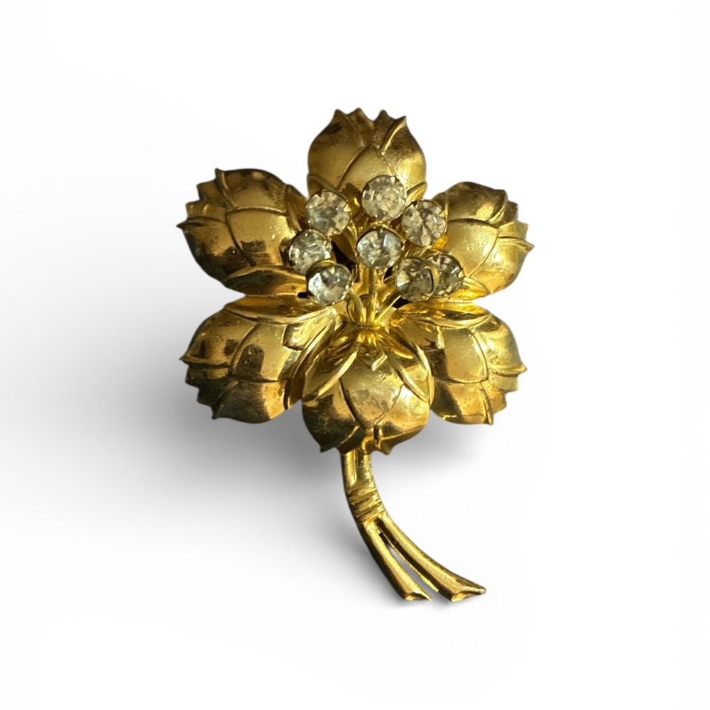 Estate Gold Floral Rhinestone Brooch